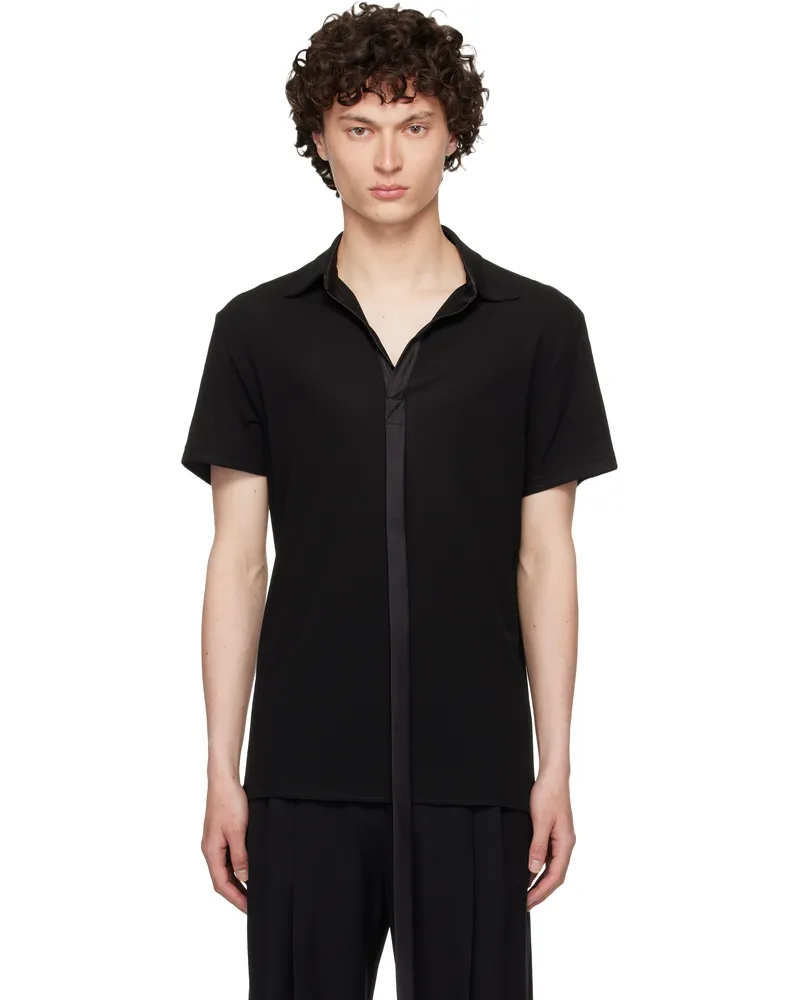AARON ESH Black Satin Strip Viscose Polo Aess25t01m