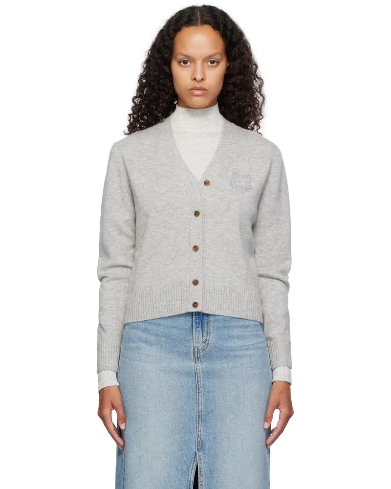 Kitsuné Gray Bold Fox Head Embroidered Cropped Cardigan H120