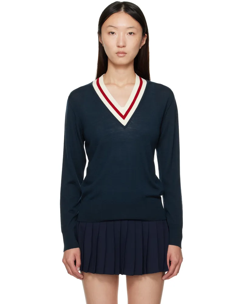 SPORTY & RICH Navy 'SRC' Minimalist V-Neck Sweater 3905