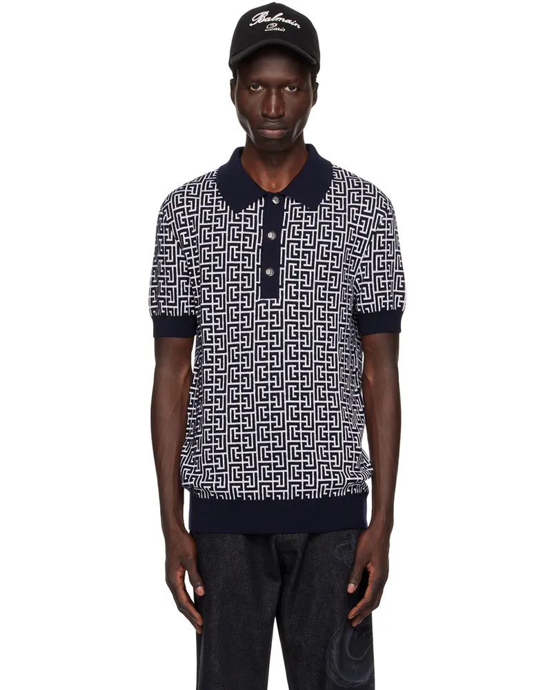 Balmain Navy & White Monogrammed Polo Ggd