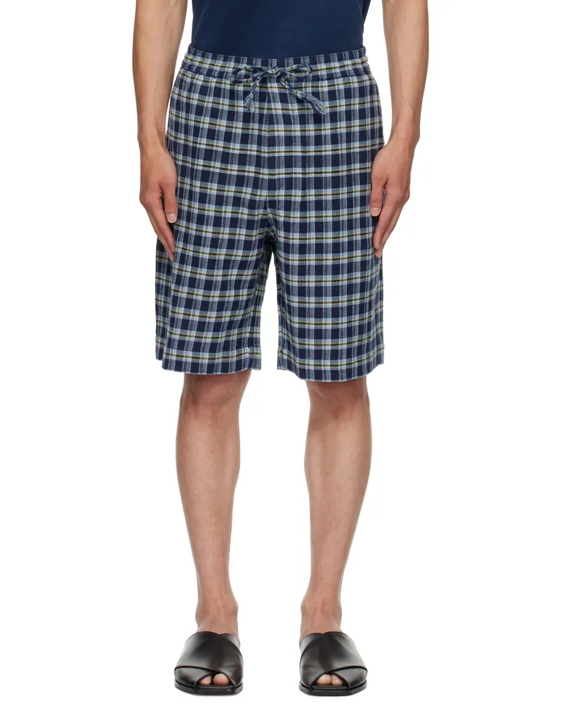 The Elder Statesman Navy Dune Plaid Fringe Beach Shorts 410