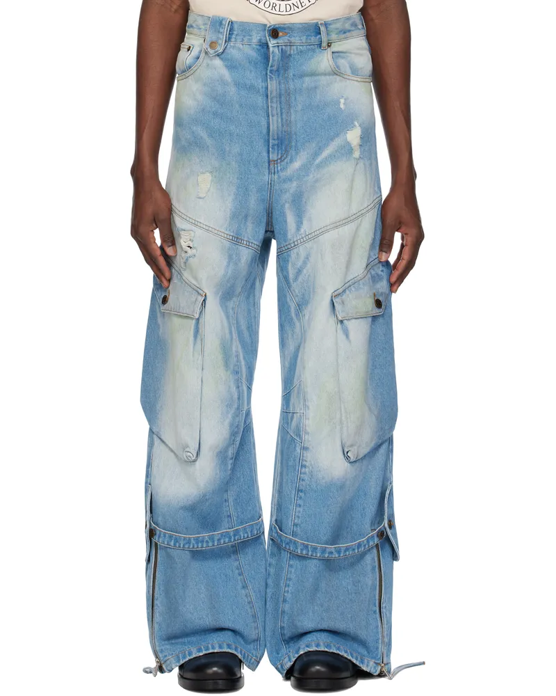 Egonlab SSENSE Exclusive Blue Paint Splatter Denim Cargo Pants Blue