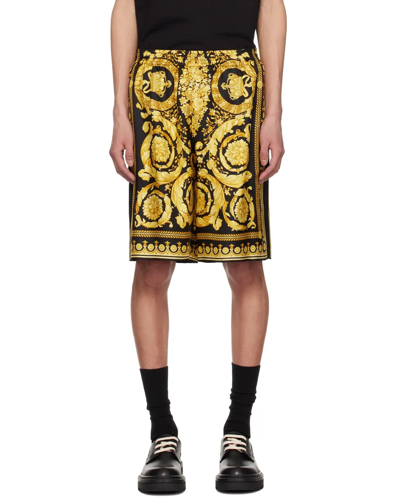 Versace Black & Yellow Barocco Silk Shorts 5b000-black+gold