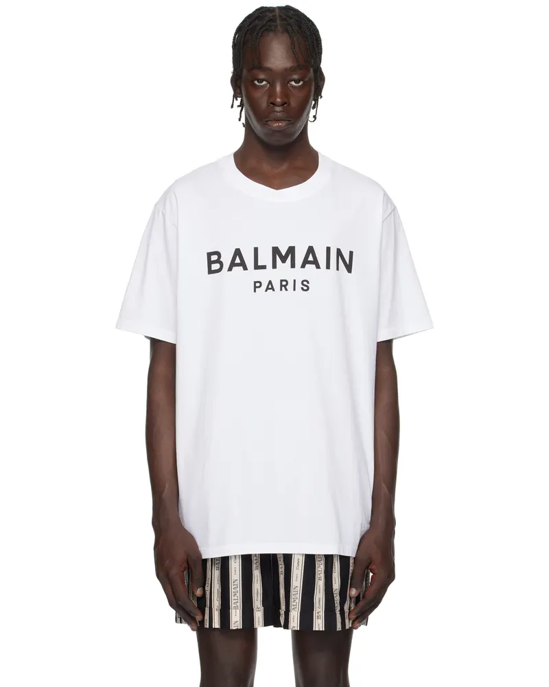 Balmain White 'Balmain Paris' Print T-shirt Gab