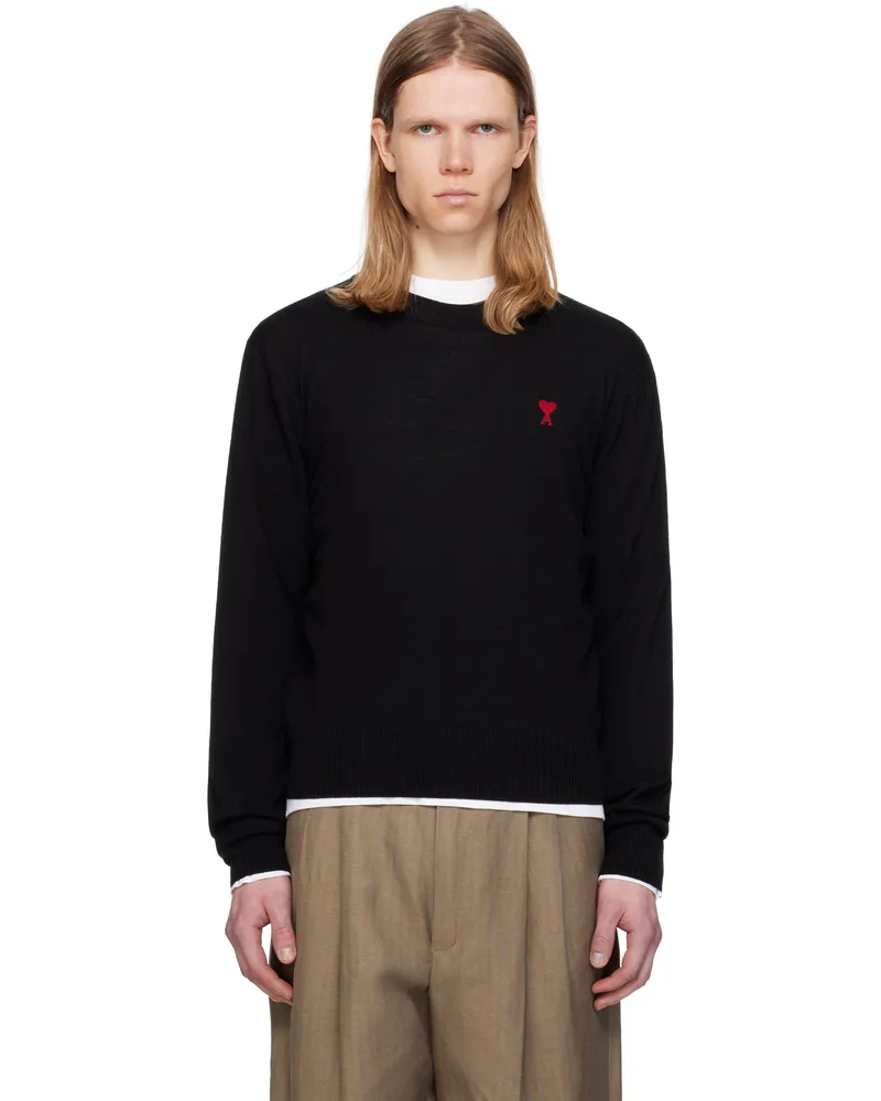 AMI Paris Black Wool Ami de Coeur Crew Neck Sweater 001