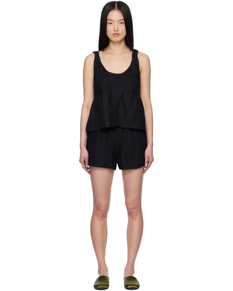 Deiji Studios Black Gathered Linen Pyjama Set Black