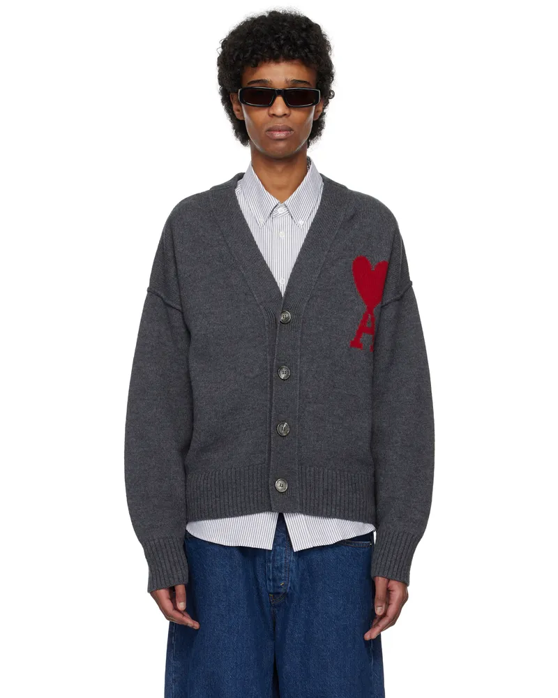 AMI Paris Gray Wool Ami de Coeur Cardigan 084