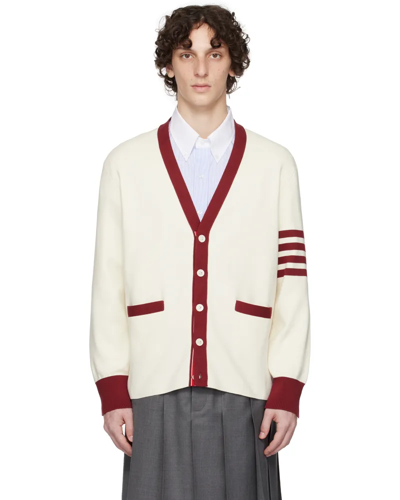 Thom Browne Off-White Milano Stitch Bar V Neck Rugby Cardigan 100