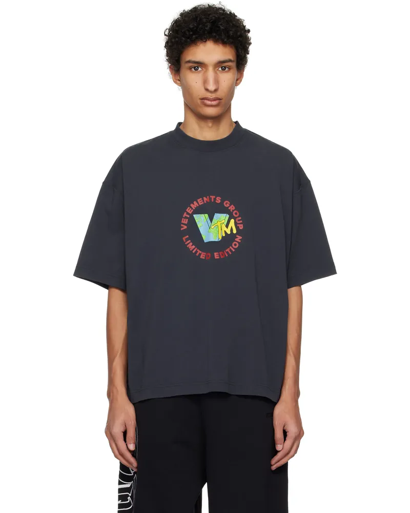 VETEMENTS Navy 'VTM' World Cropped Boxy T-shirt Navy