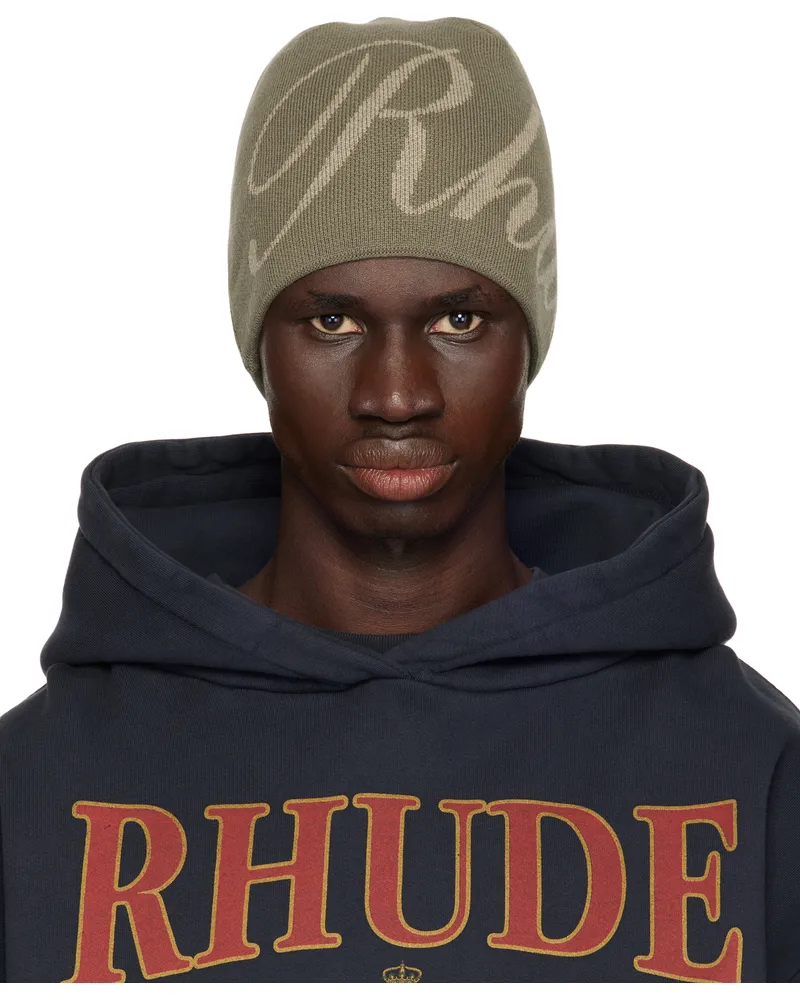 RHUDE Khaki 'Rhude' Script Knit Beanie Brown