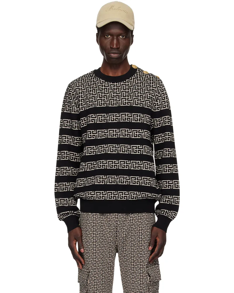 Balmain Black & Off-White Striped 'PB' Labyrinth Sweater Gfe