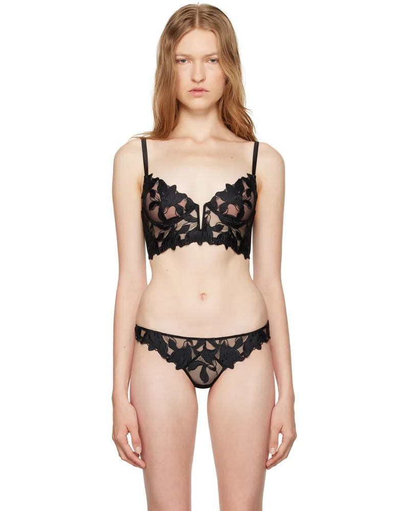 Fleur Du Mal Black Lily Embroidery Longline Demi Bra 0100