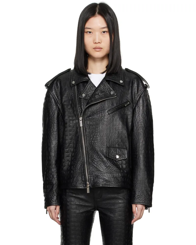 Blumarine Black Crocodile-Effect Leather Jacket P0990