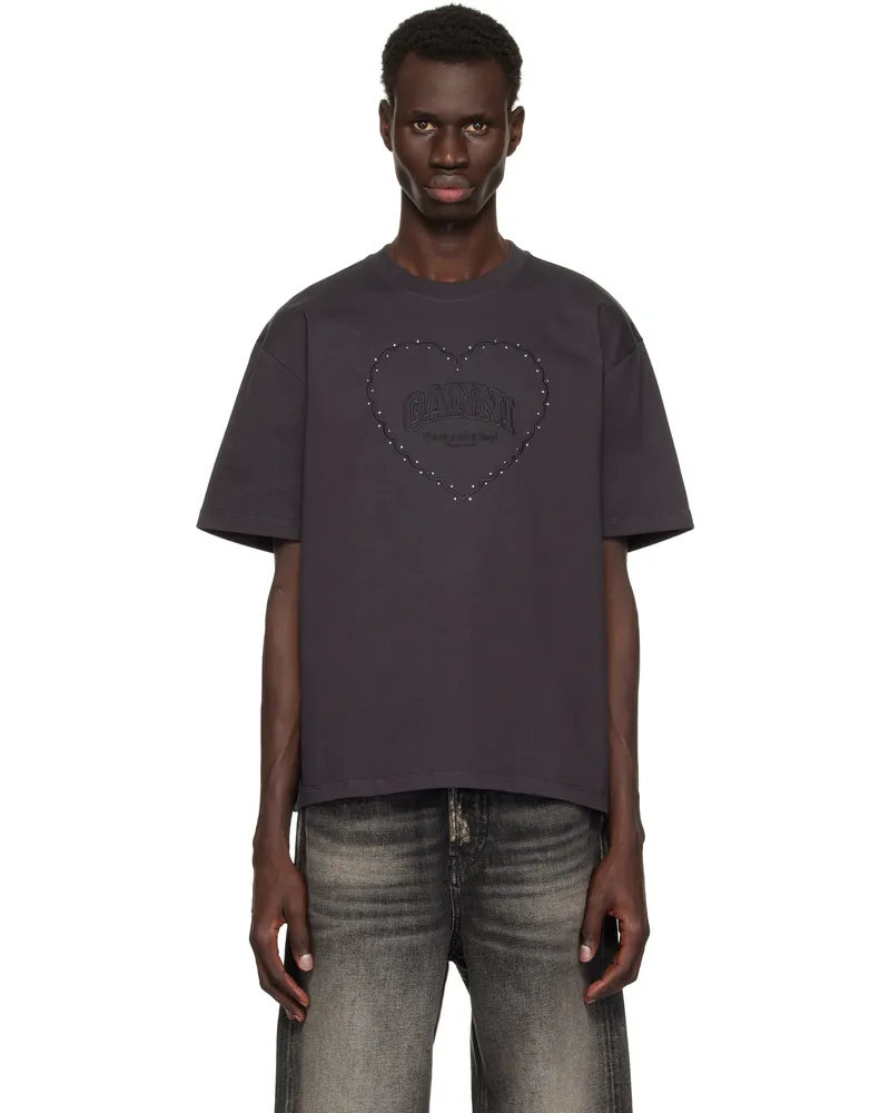 Ganni Black Heavy Cotton Drop Shoulder Heart T-shirt Phantom