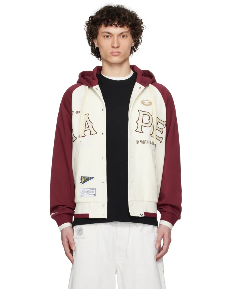 AAPE by A Bathing Ape Off-White & Burgundy Main Zip Up Jacket Ivx