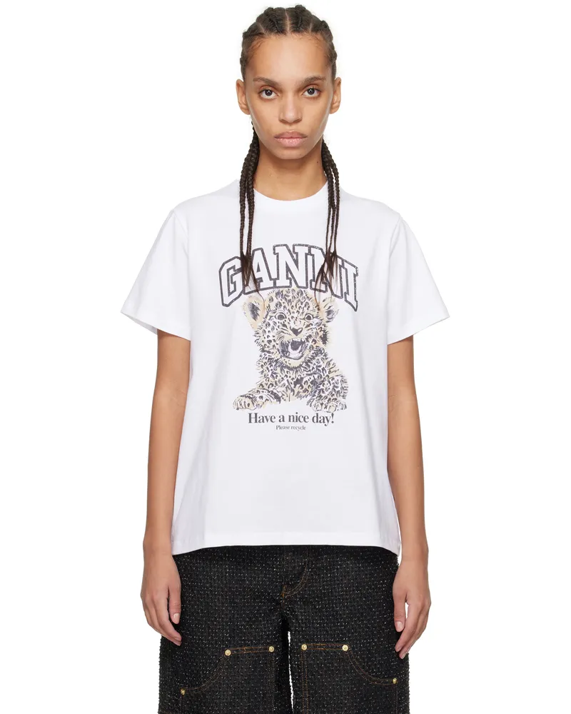 Ganni White Basic Jersey Leopard Relaxed T-shirt 943