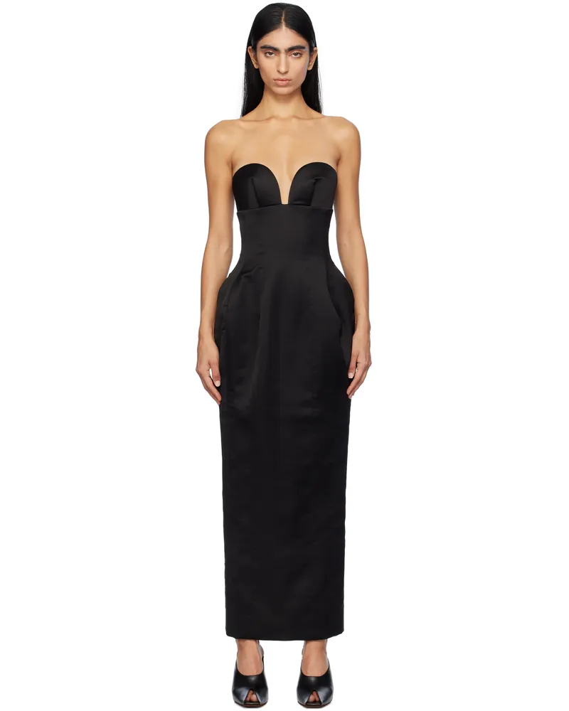Mônot Black Satin Corsetted Maxi Dress Black