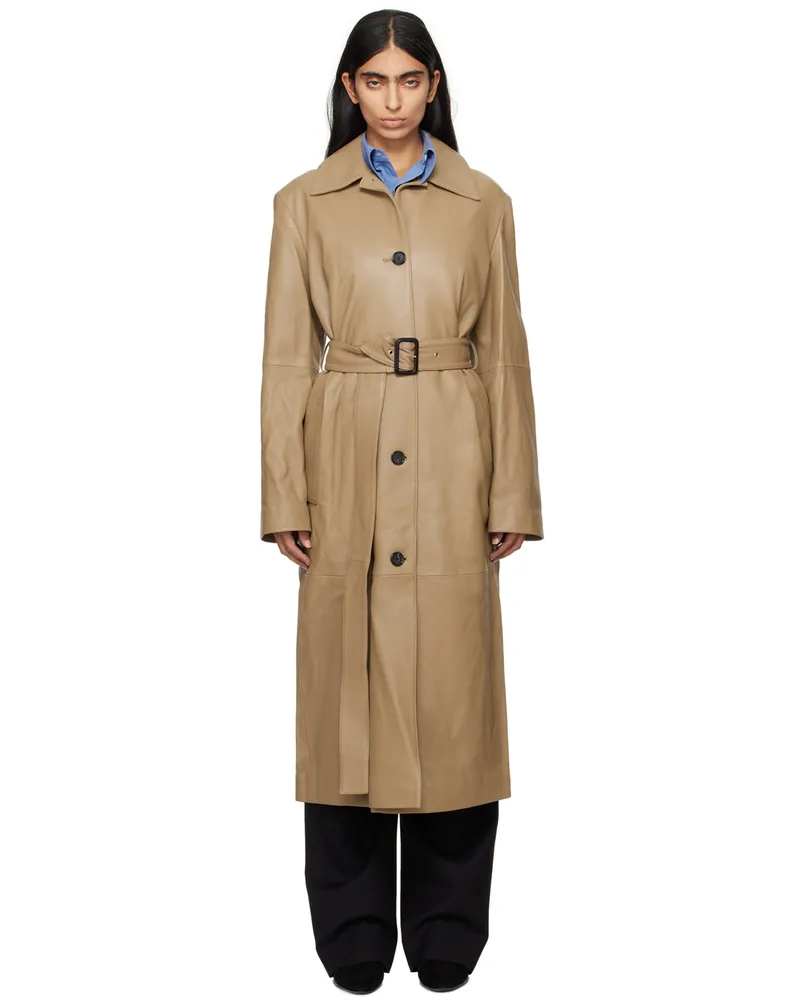 Totême Tan Belted Long Leather Coat Truffle