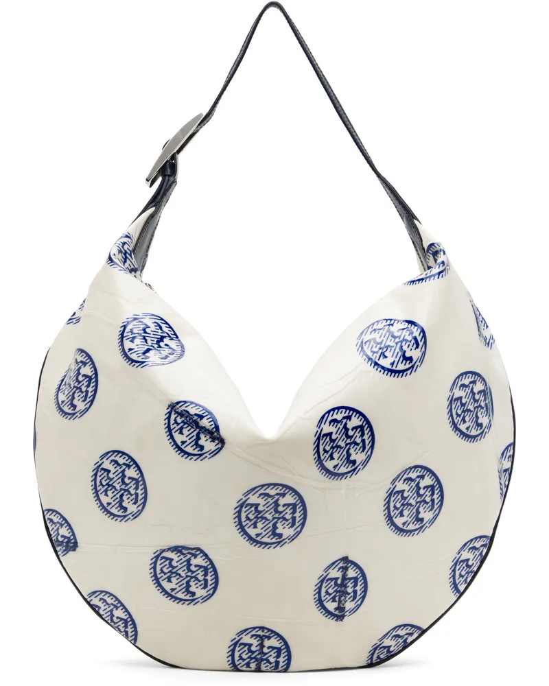Tory Burch White & Navy T Monogram Balloon Bag White
