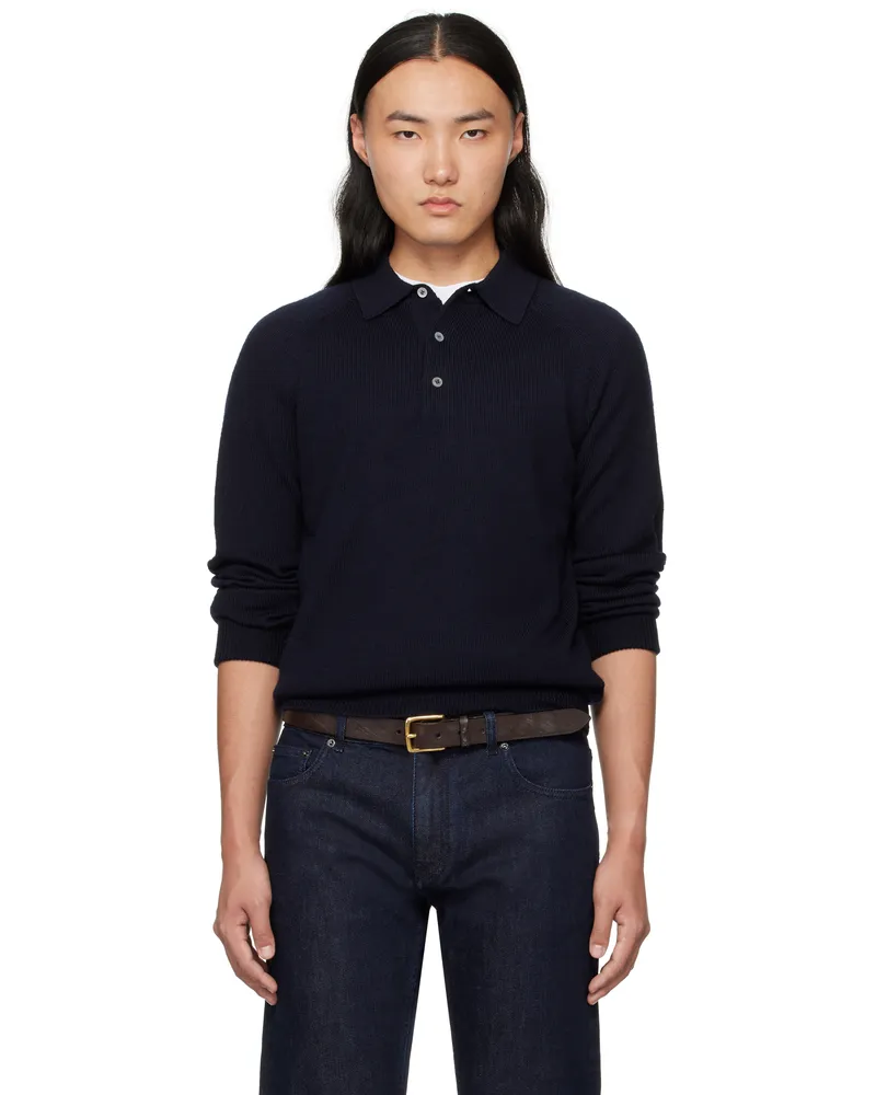 Drake's Navy Merino Wool Knitted Polo 250