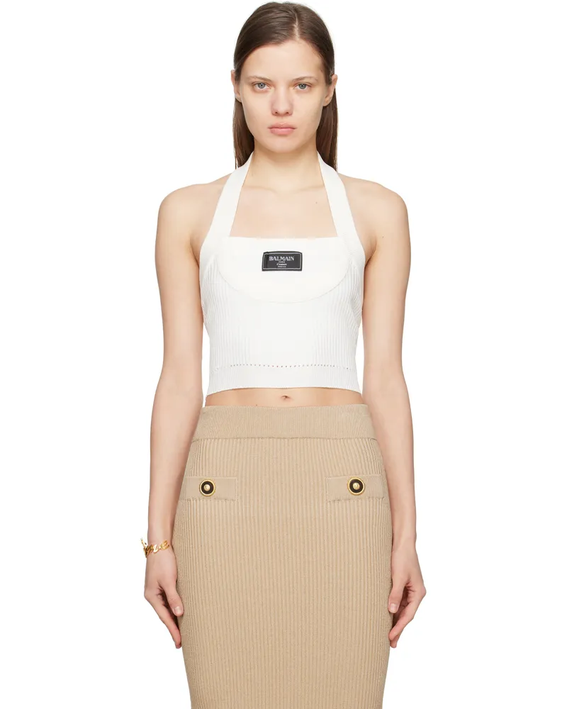 Balmain White Ribbed Knit Halter Tank Top 0fa