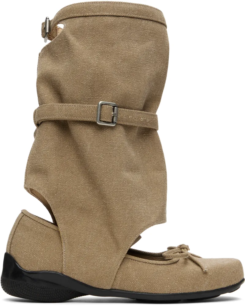 OPEN YY Khaki Ballet Flat Cut-Out Boots Khaki