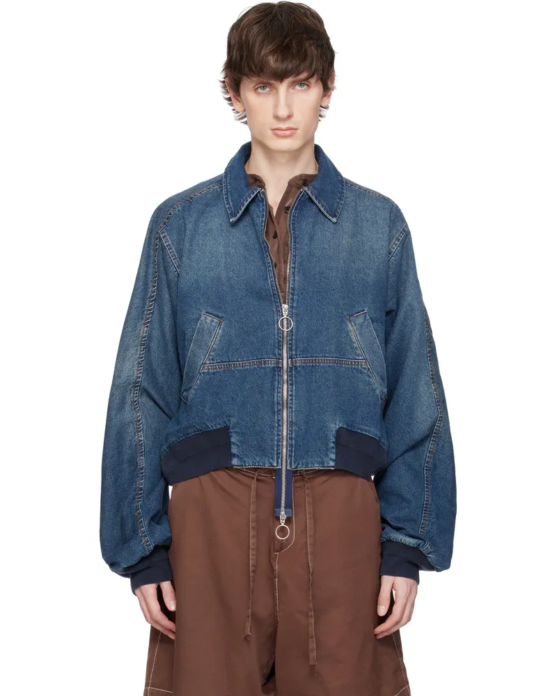Edward Cuming Blue Bottom Heavy Denim Bomber Jacket Mid-blue