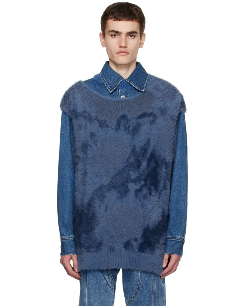 Feng Chen Wang Blue Landscape Painting Vest & Denim Jacket Set Navy