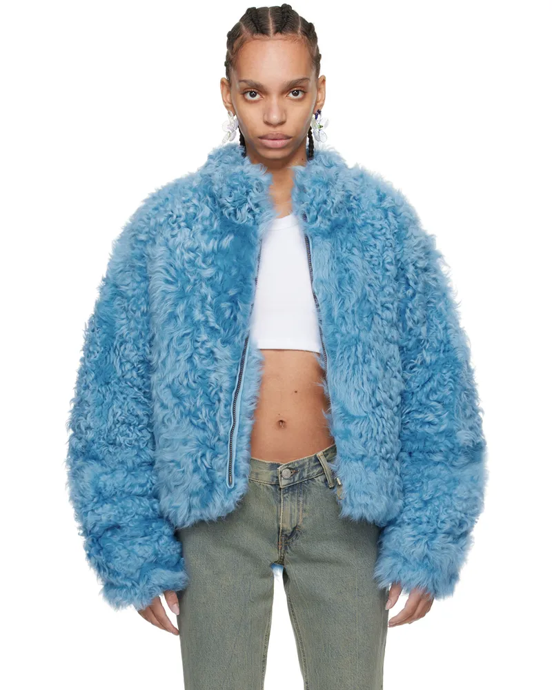 ERL Blue Stand Collar Shearling Jacket Blue