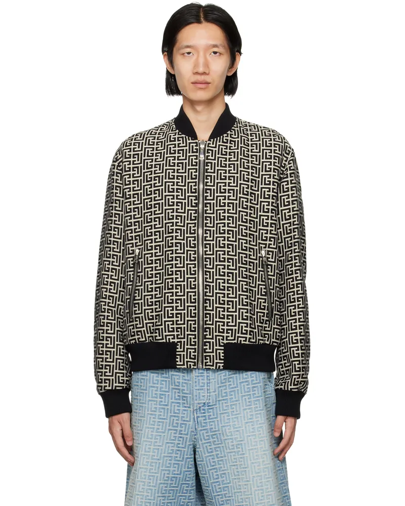 Balmain Black & Beige Jacquard Reversible Bomber Jacket Gfe