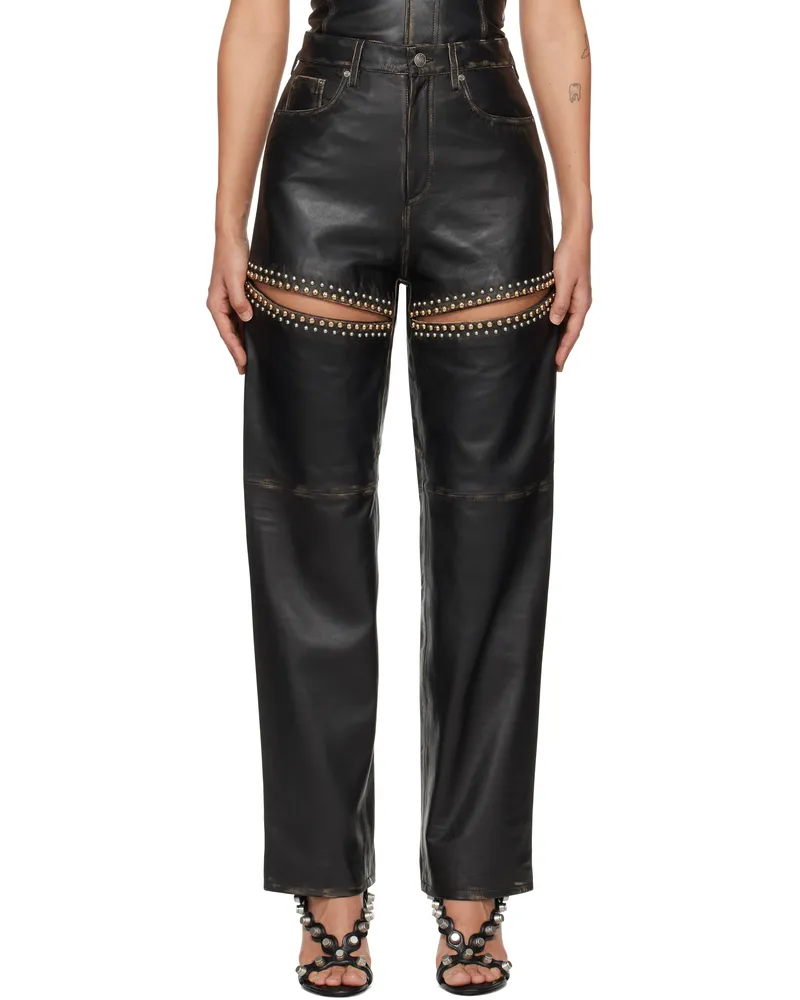 Area Black Studded Slit Leather Pants Black