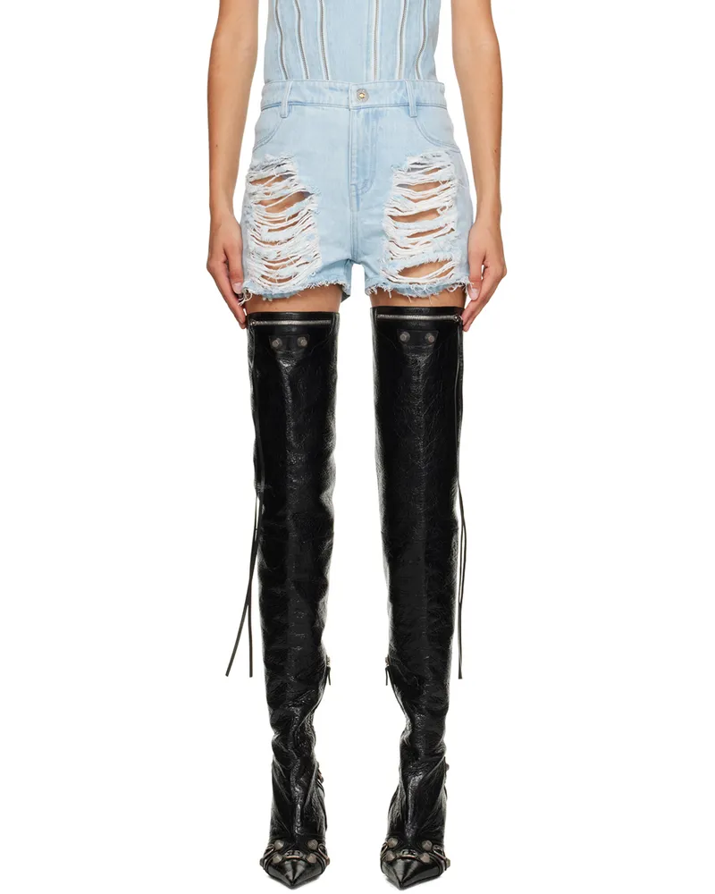 Dion Lee Blue Frayed Denim Shorts Cyan