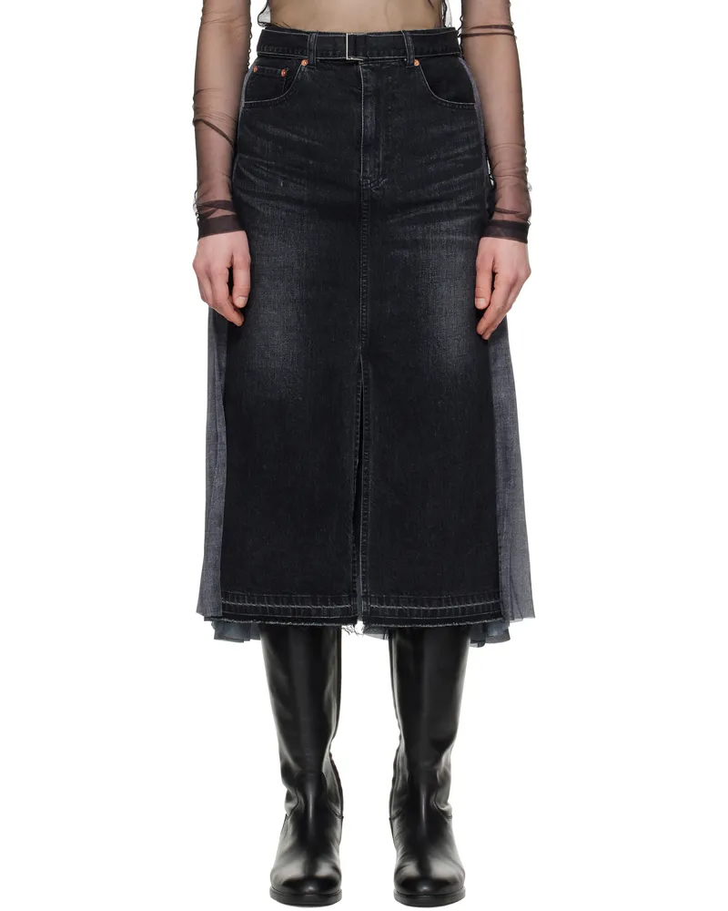 Sacai Black Paneled Denim Midi Skirt 001