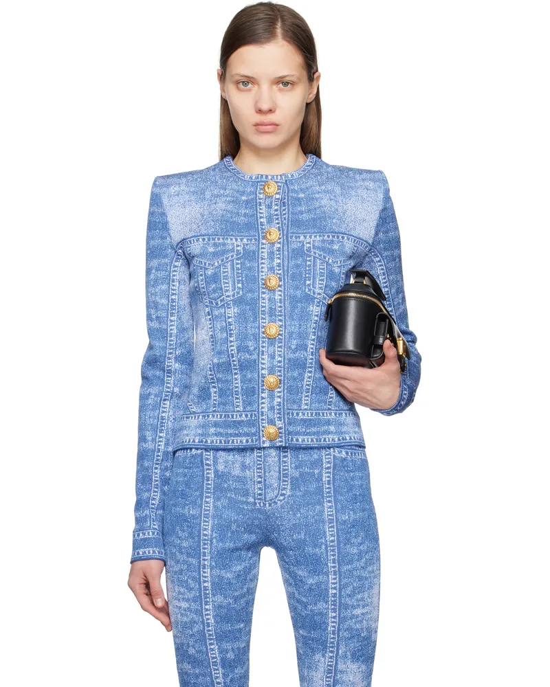 Balmain Blue Jacquard Denim Effect Knit Cardigan 6ff