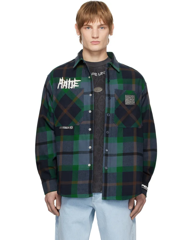 AAPE by A Bathing Ape Green & Navy 'AAPE UNVS' Long Sleeve Check Shirt Nym