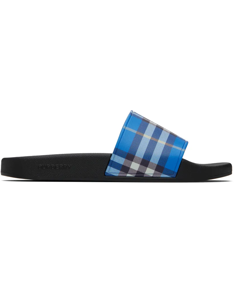 Burberry Blue & Black Check Pool Slides Hyacinth