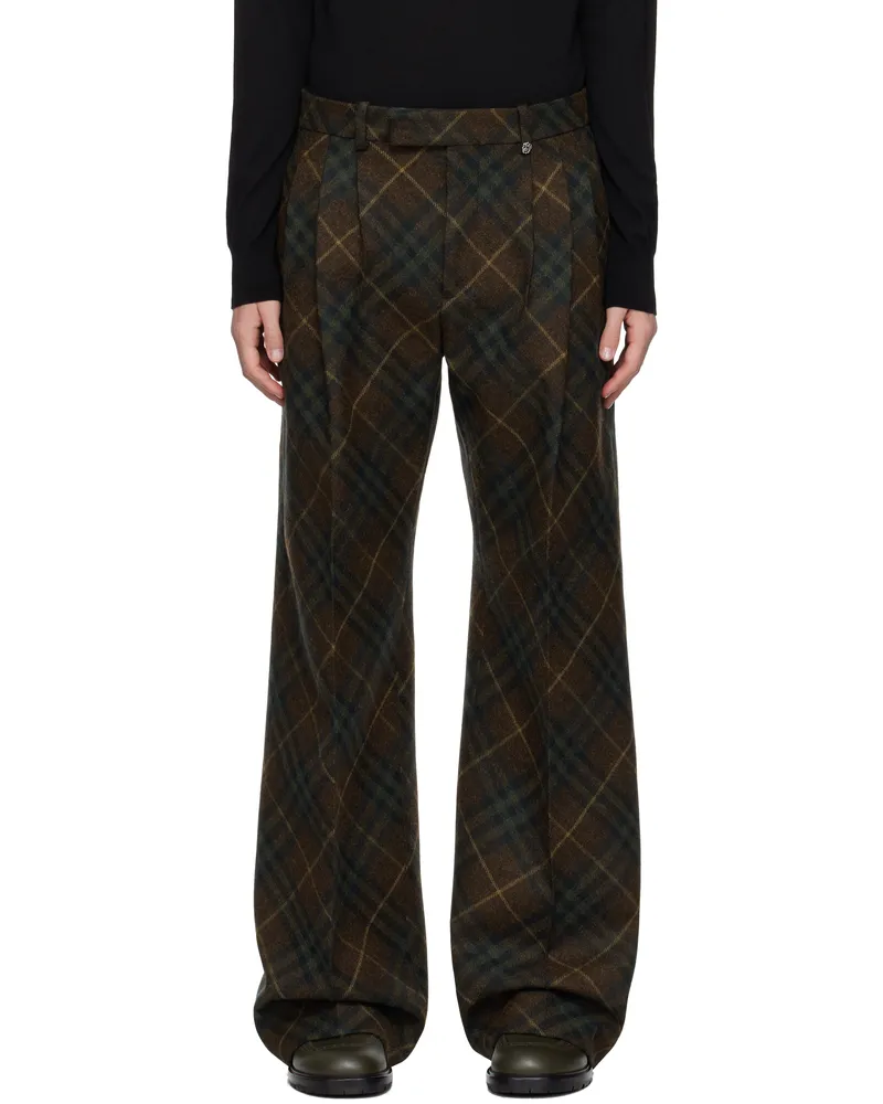 Burberry Brown Pleated Check Wool Tailored Trousers Tor
