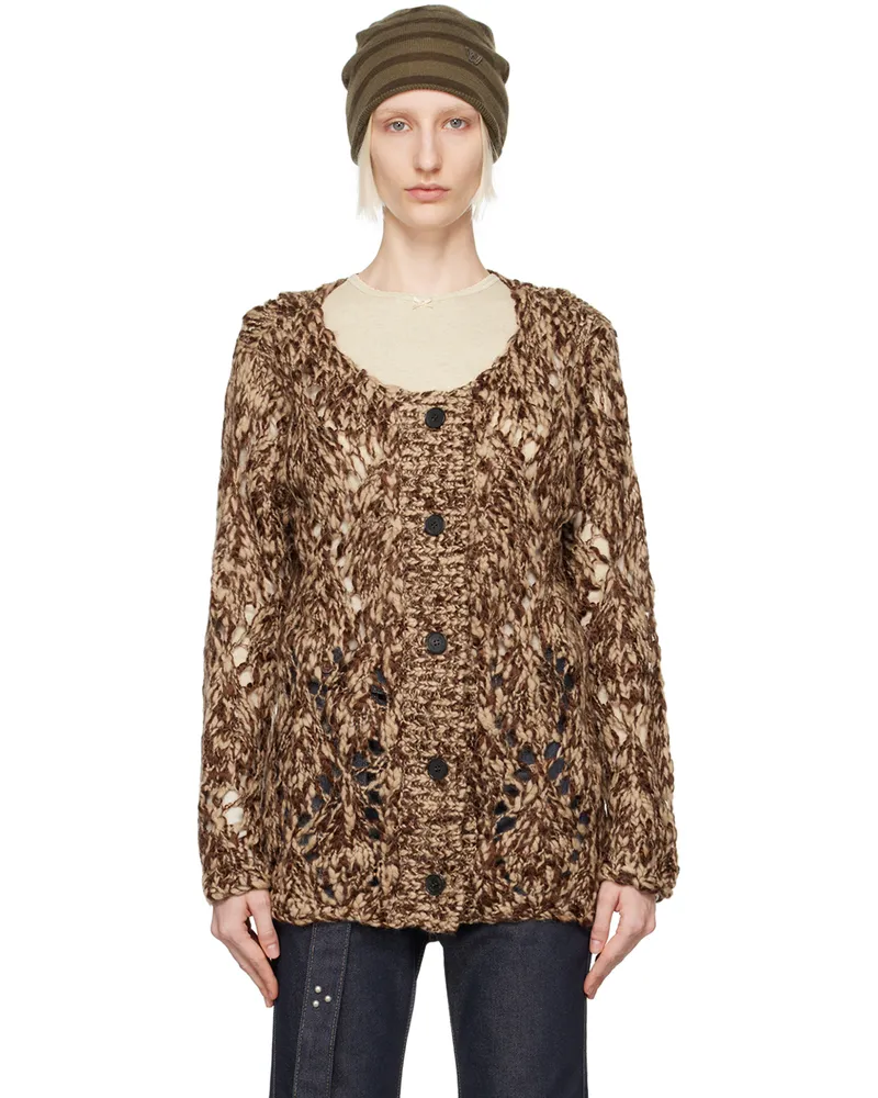 OPEN YY Brown Argyle Pointelle Cardigan Brown