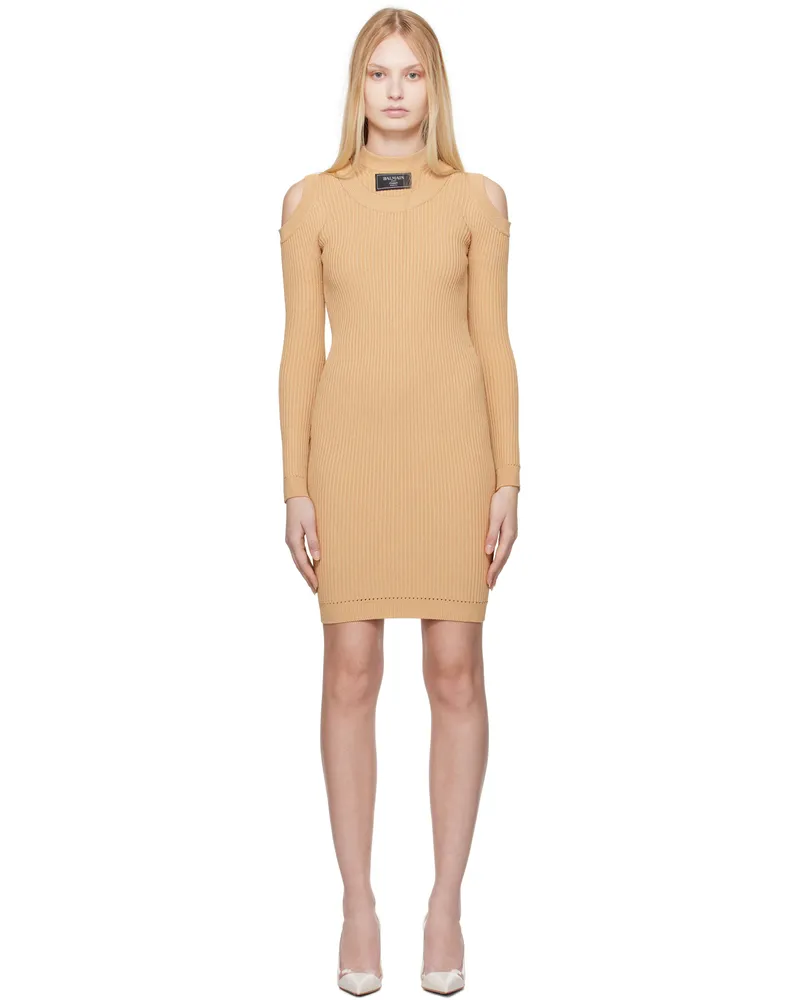 Balmain Beige Shoulder Cut Knit Minidress 0dc