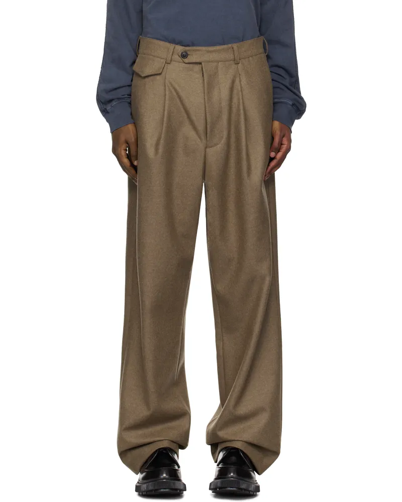 LOWNN Taupe Flannel Wool Wide Trousers Greige