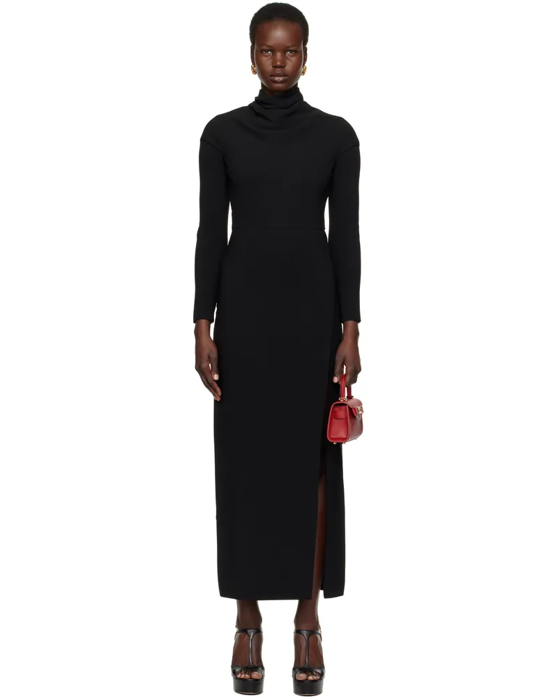 Versace Black Cady Draped-Neck Slit Maxi Dress 1b000