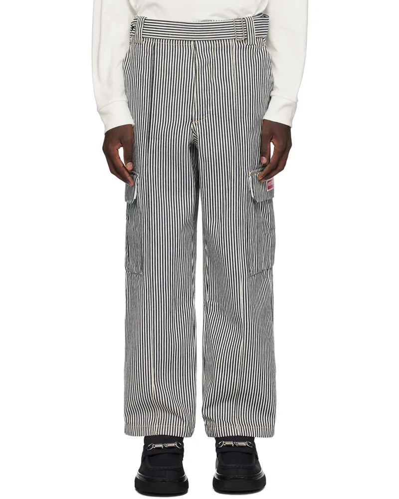 Kenzo Black & White Kenzo Paris Striped Denim Cargo Pants Rinse