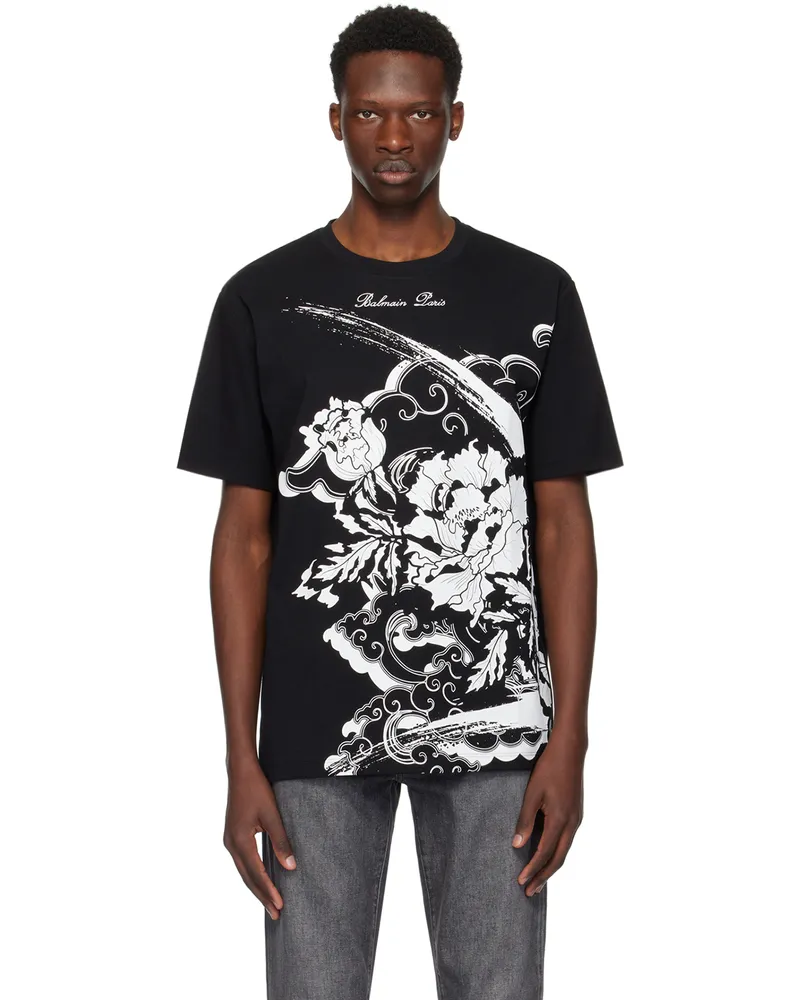 Balmain Black Flower Print T-Shirt Eab