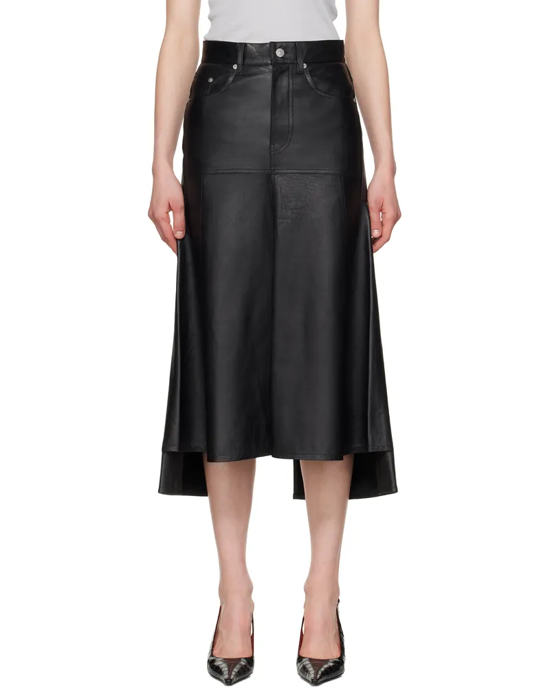 Victoria Beckham Black Panelled Flare Leather Midi Skirt Black