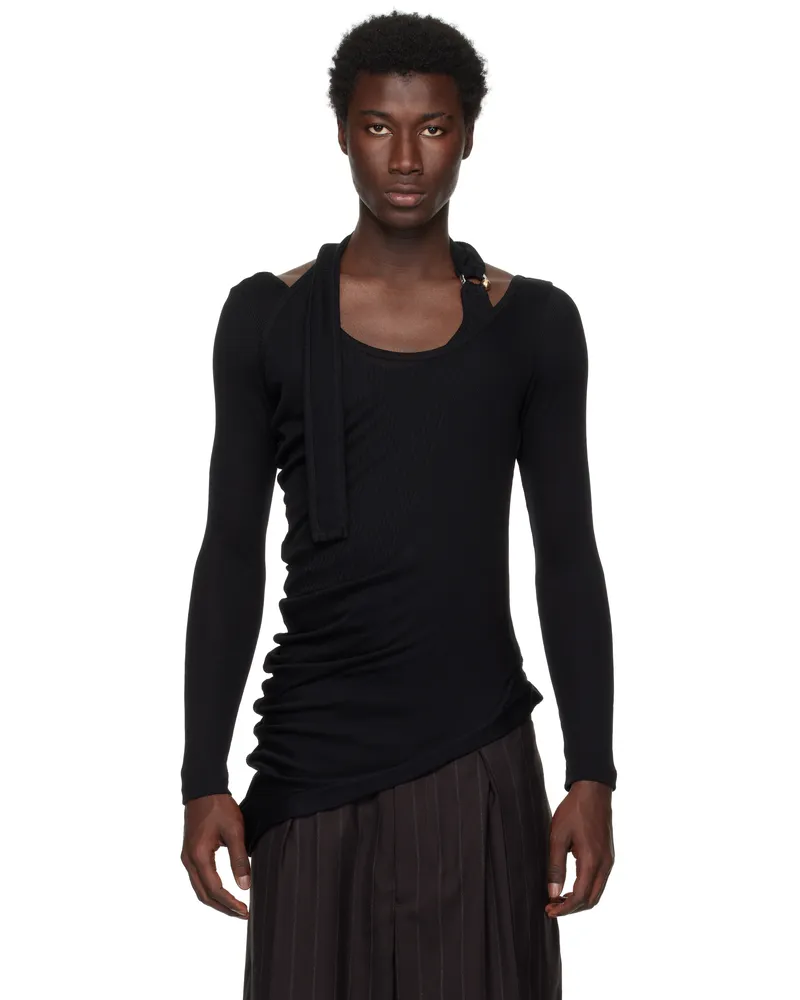 Jean Paul Gaultier Black Ribbed Twisted Double Layer Piercing T-shirt 00-black