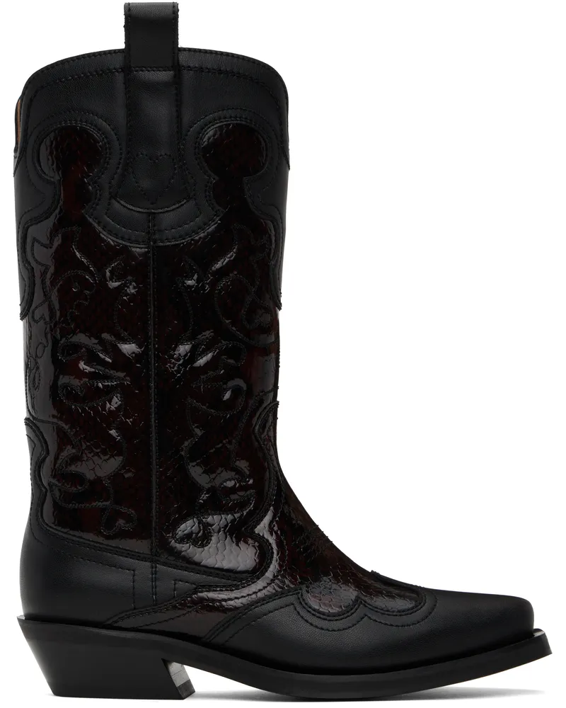 Ganni Burgundy & Black Mid Shaft Embroidered Western Boots 070