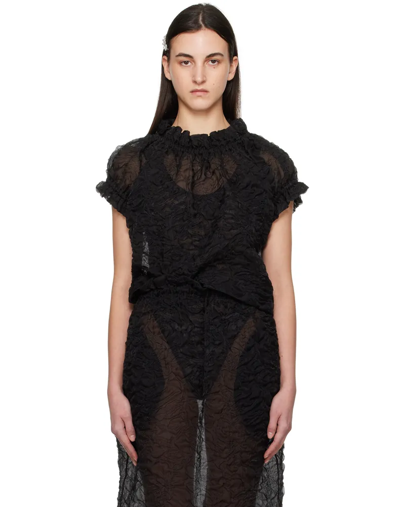 Simone Rocha Black Elasticated Gathered Ruffle Tulip Blouse Black