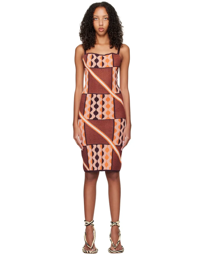 AHLUWALIA Brown & Orange Taffi Midi Dress Red