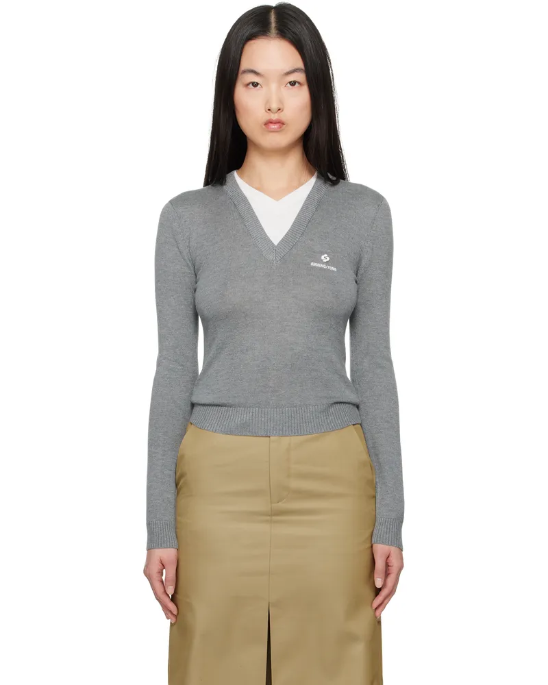 SHUSHU/TONG Gray Patchwork V-Neck Knit Sweater Gr100