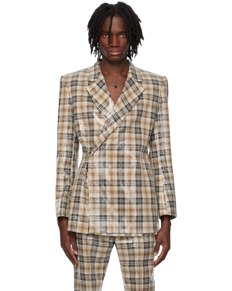 Egonlab Beige Egonic Double Breasted Blazer Tartan